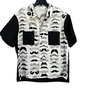 Handmade Short Sleeve Button Up Retro Style Mustache Print Bowling Shirt XL.​​